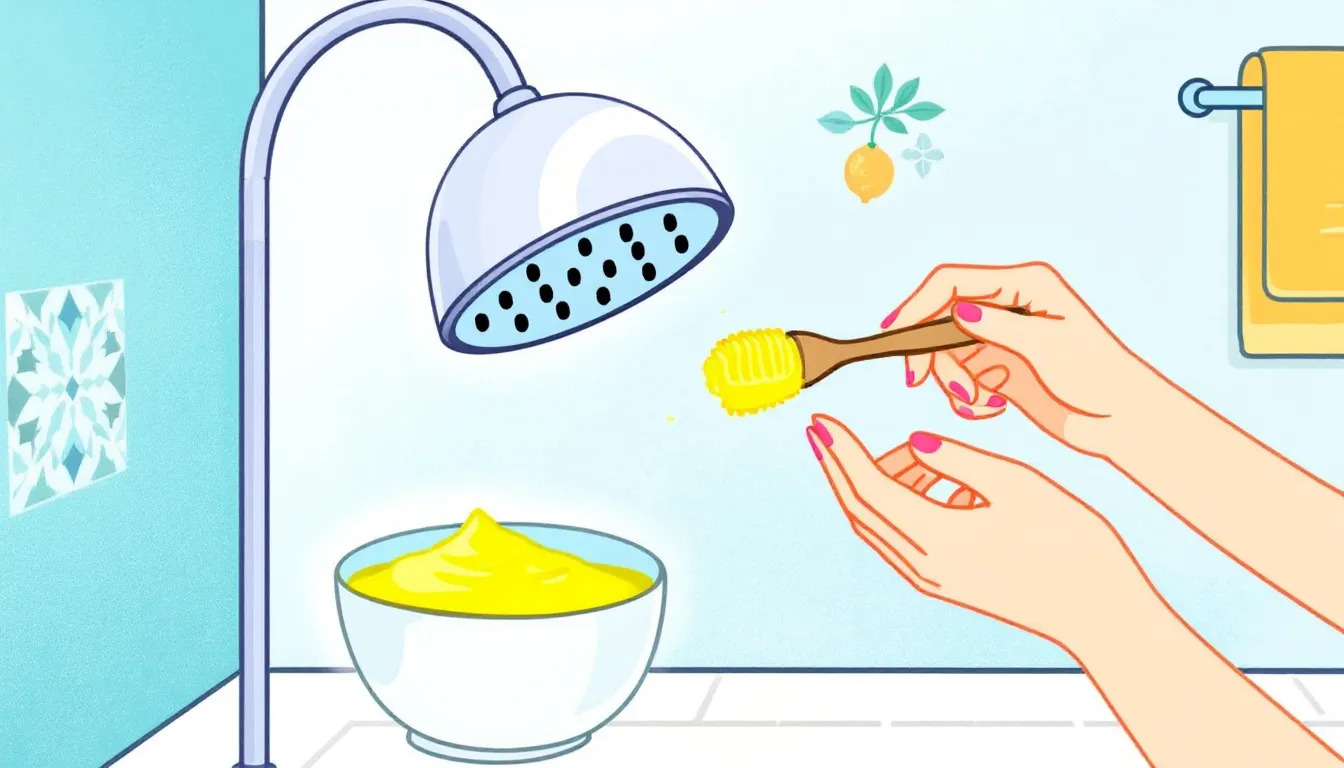 A bowl of lemon juice paste being applied to a shower head for cleaning.