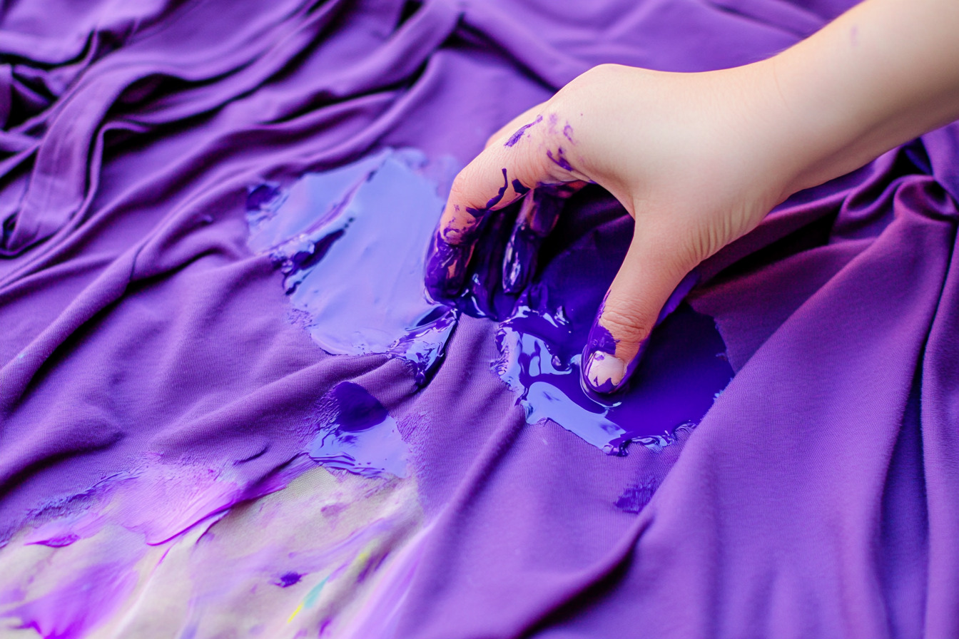 Step-by-step method showing how to remove wet acrylic paint from clothing using cold water and detergent.