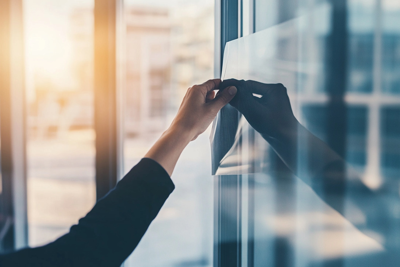 Removing old window tint from a residential and commercial building window.