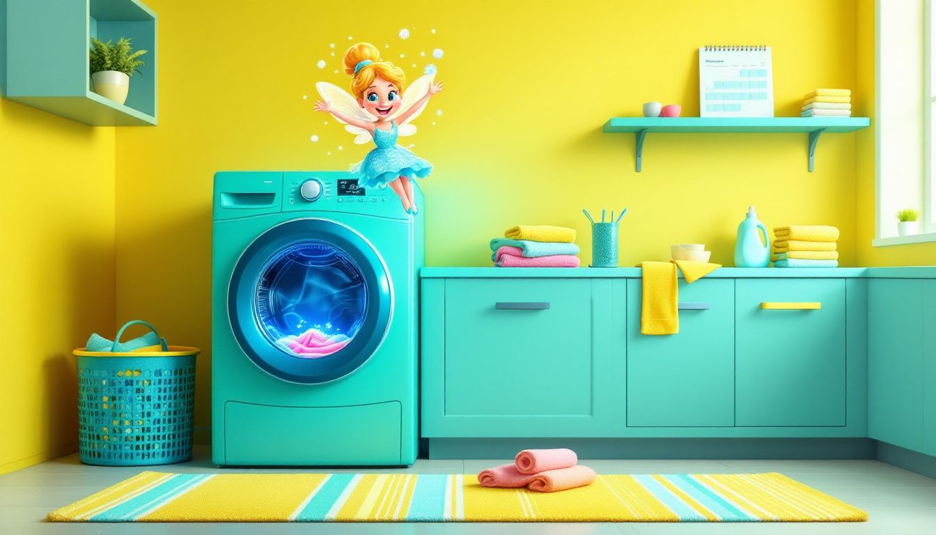 A front load washing machine in a clean laundry room.