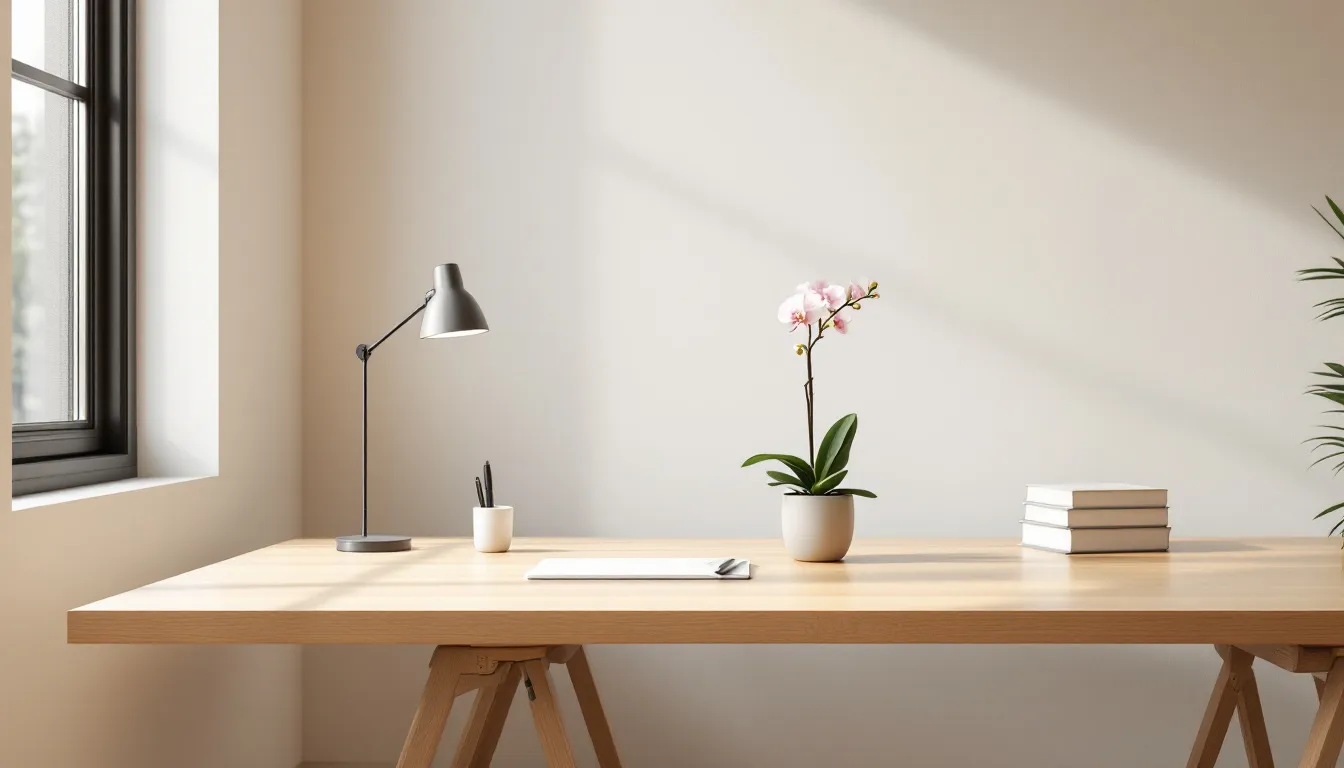 A clean office desk with organized items and a plant.