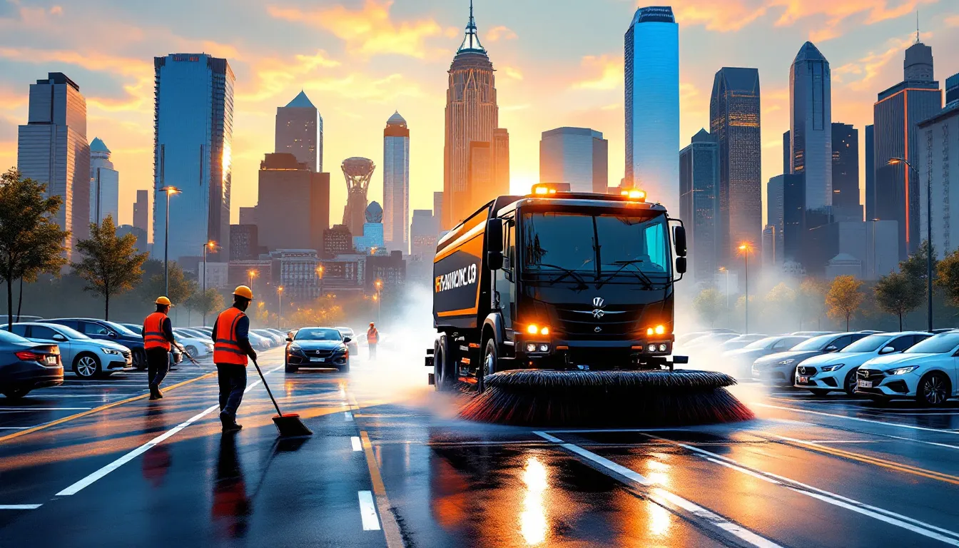 A professional parking lot sweeping company in action, demonstrating their sweeping services.