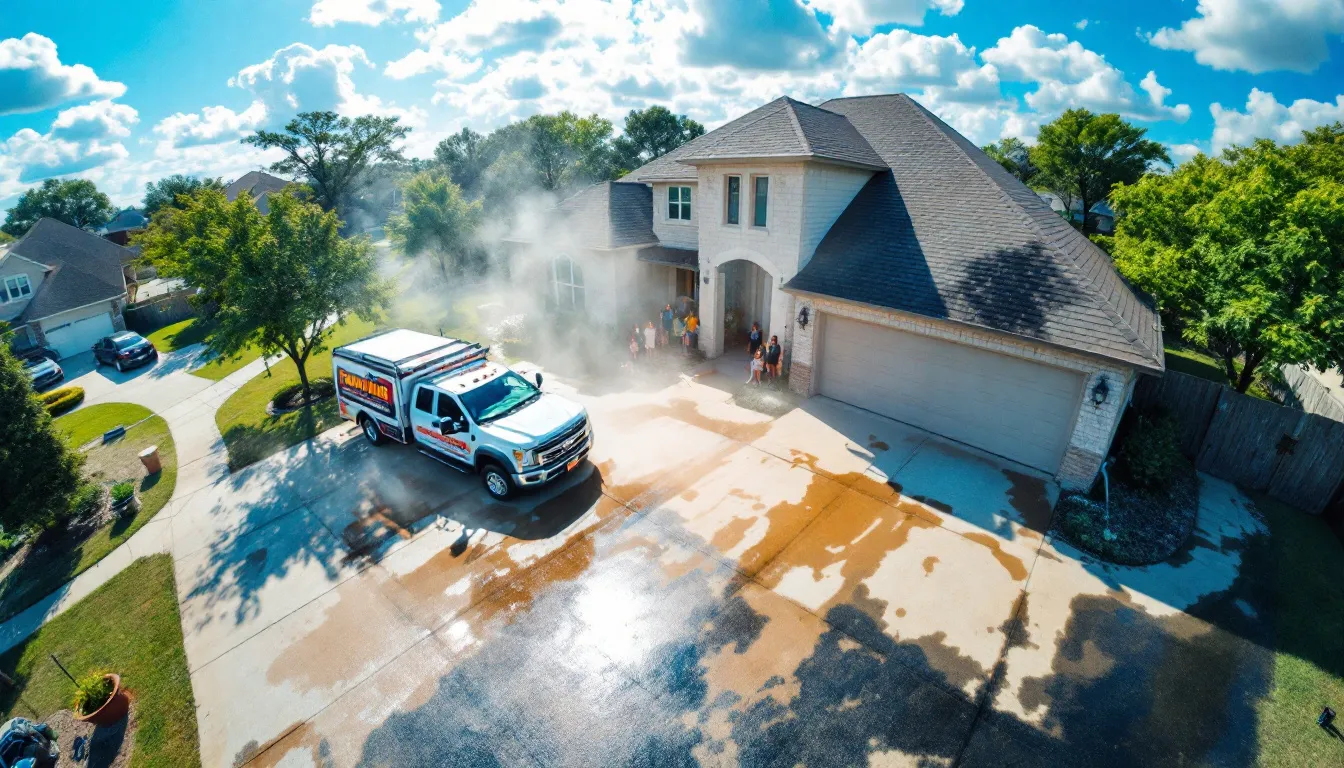 A residential property undergoing pressure washing services in Baytown, TX.