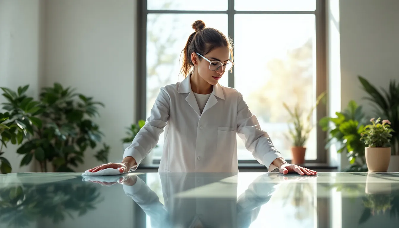 A person disinfecting a high-touch surface in an office.