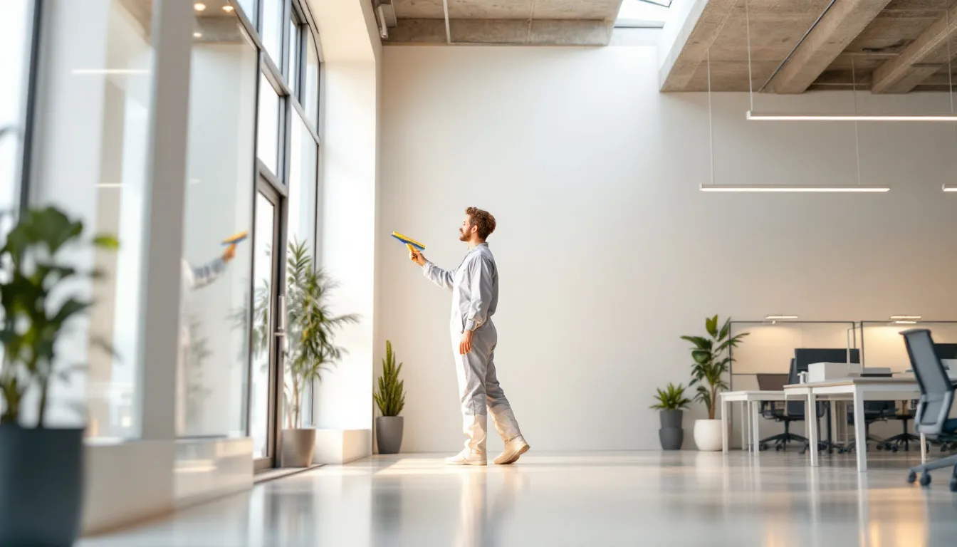 A person cleaning windows in an office environment.