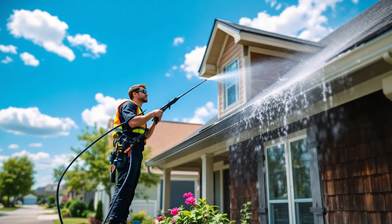 A professional performing gutter cleaning and maintenance on a residential home.