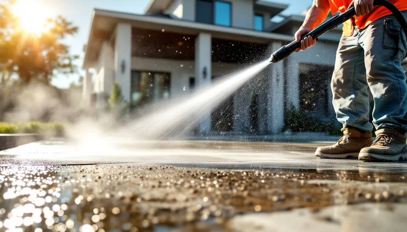 Concrete cleaning and restoration process being carried out.