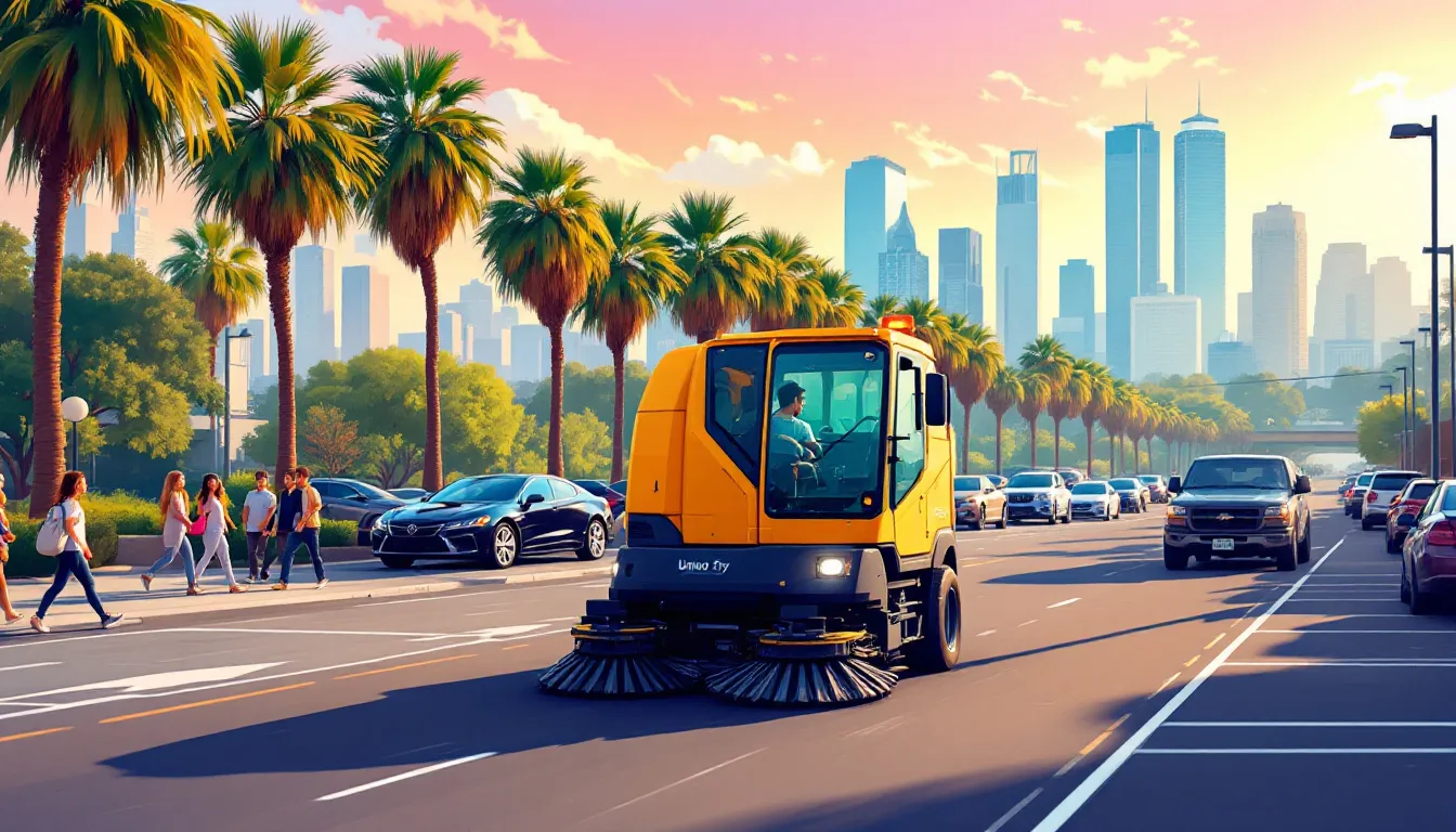 A sweeping vehicle performing parking lot sweep in Union City, CA.