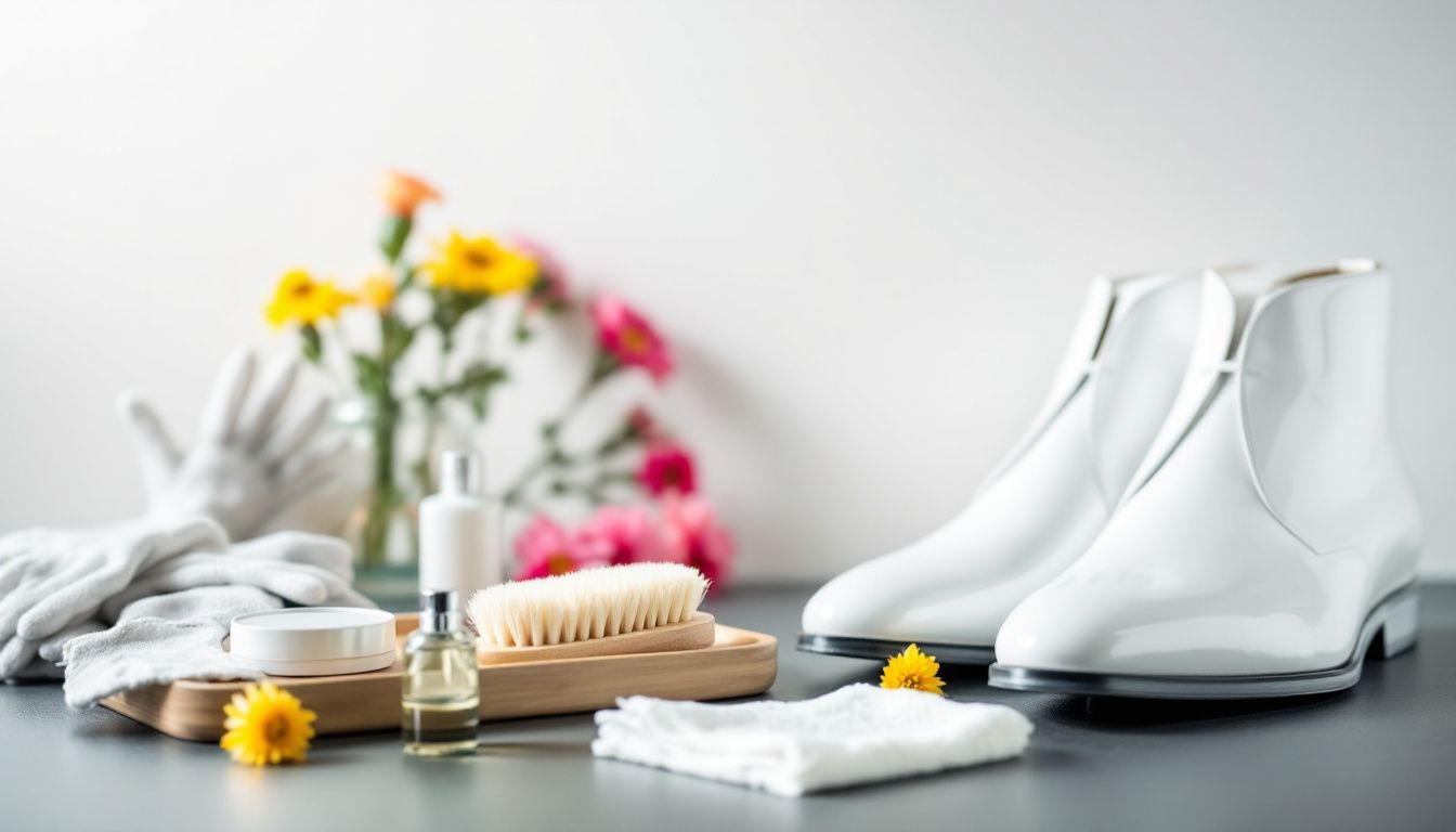 Essential tools for cleaning white shoes including brushes and cleaning solutions.