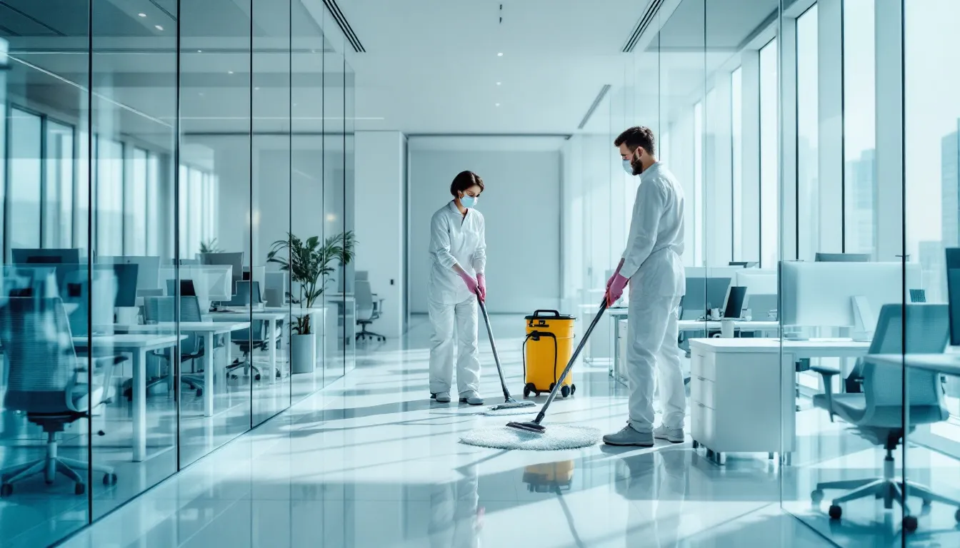 A cleaning crew performing deep cleaning in an office.