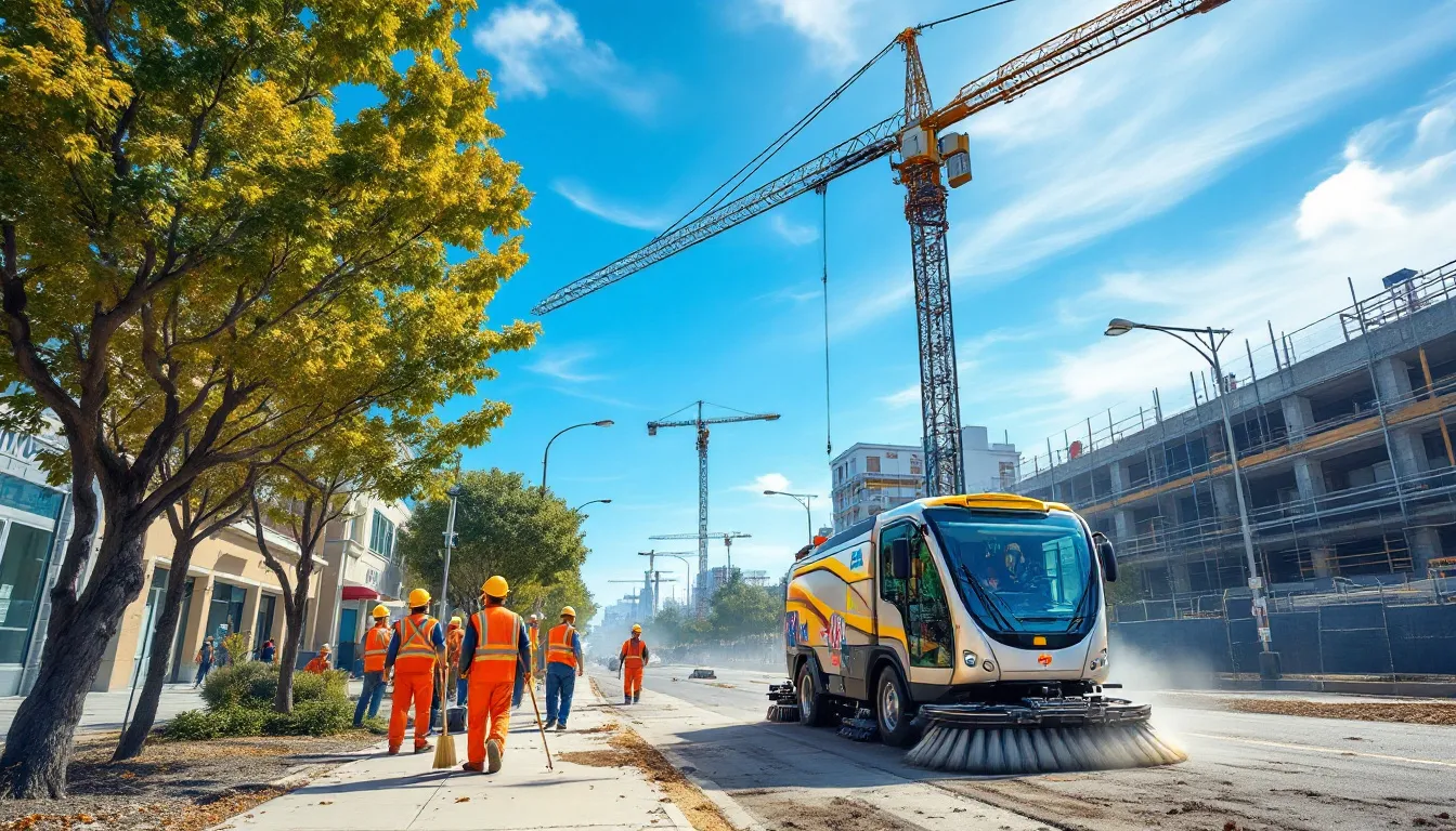 A construction site being cleaned with sweeping services.