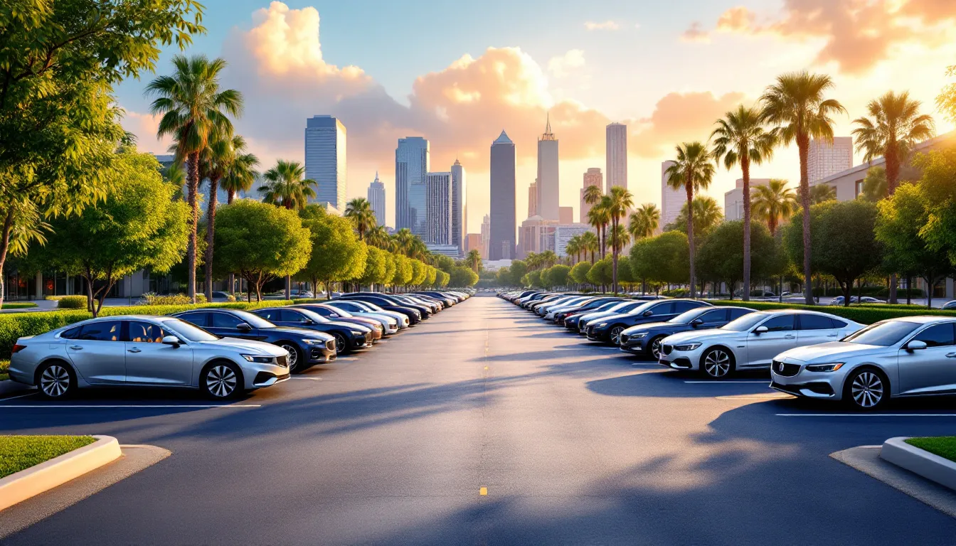 A clean and organized office park parking lot after sweeping services.