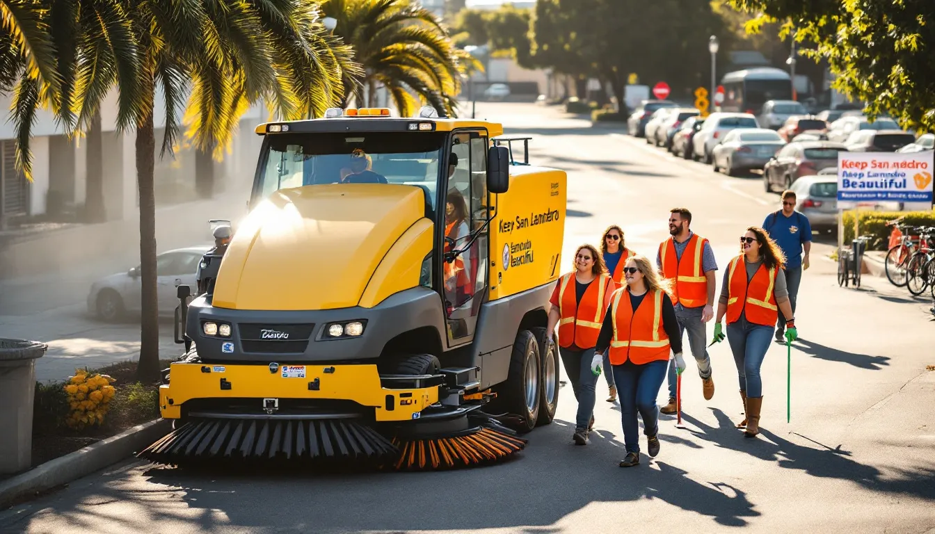 A parking lot clean up in San Leandro, CA showcasing a street sweeper in action.