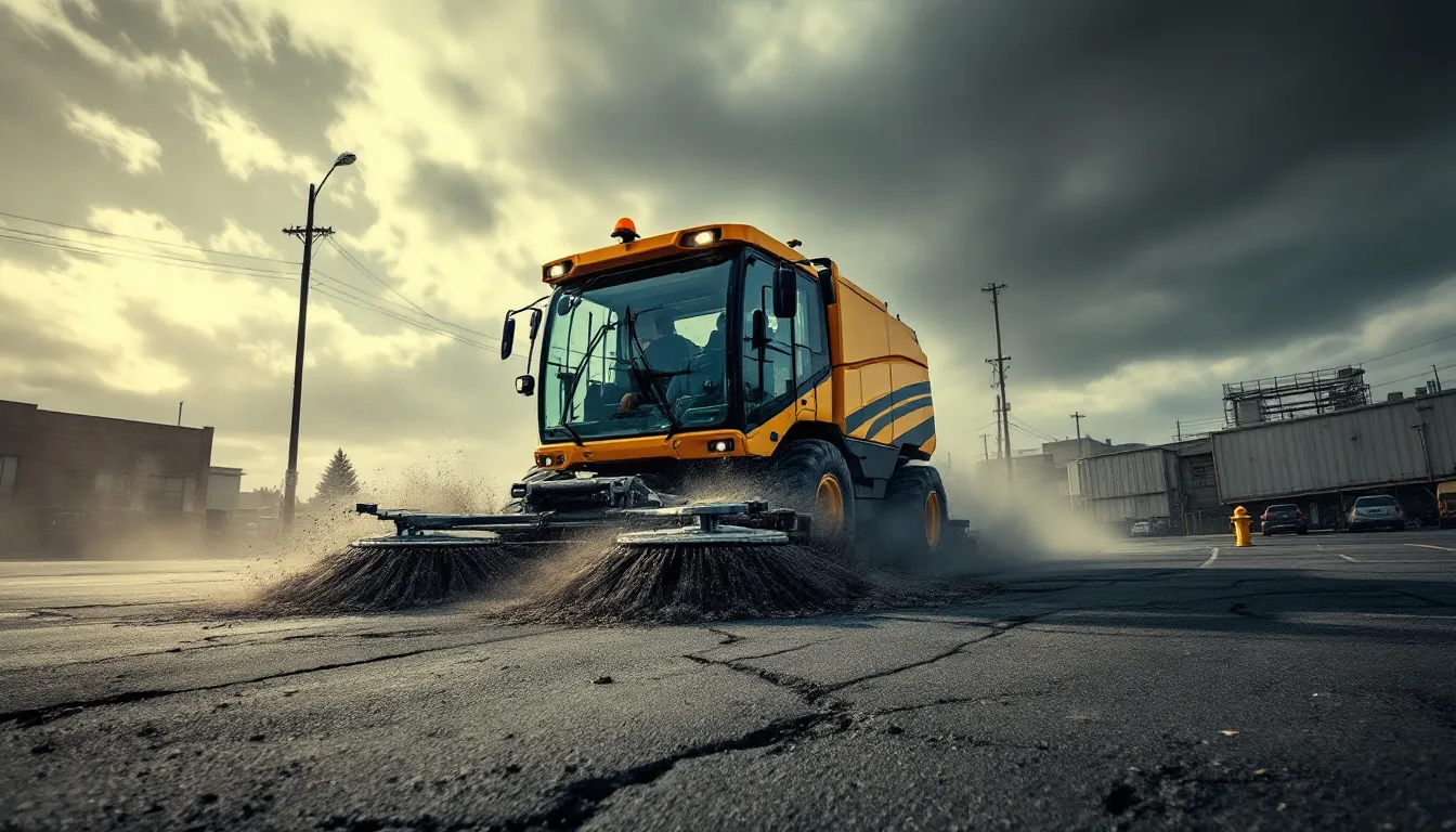 A parking lot sweeper in action in Oakland, CA.