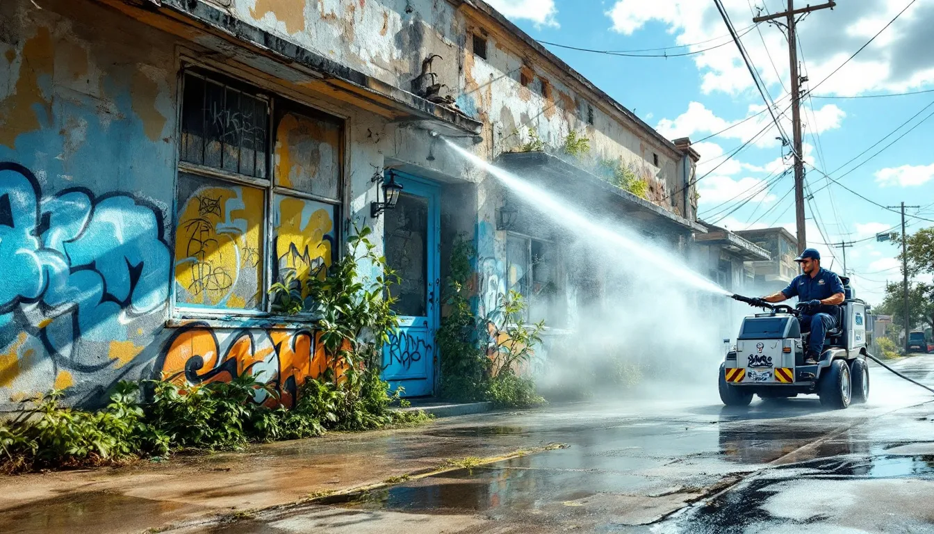 Commercial property being cleaned with pressure washing services.