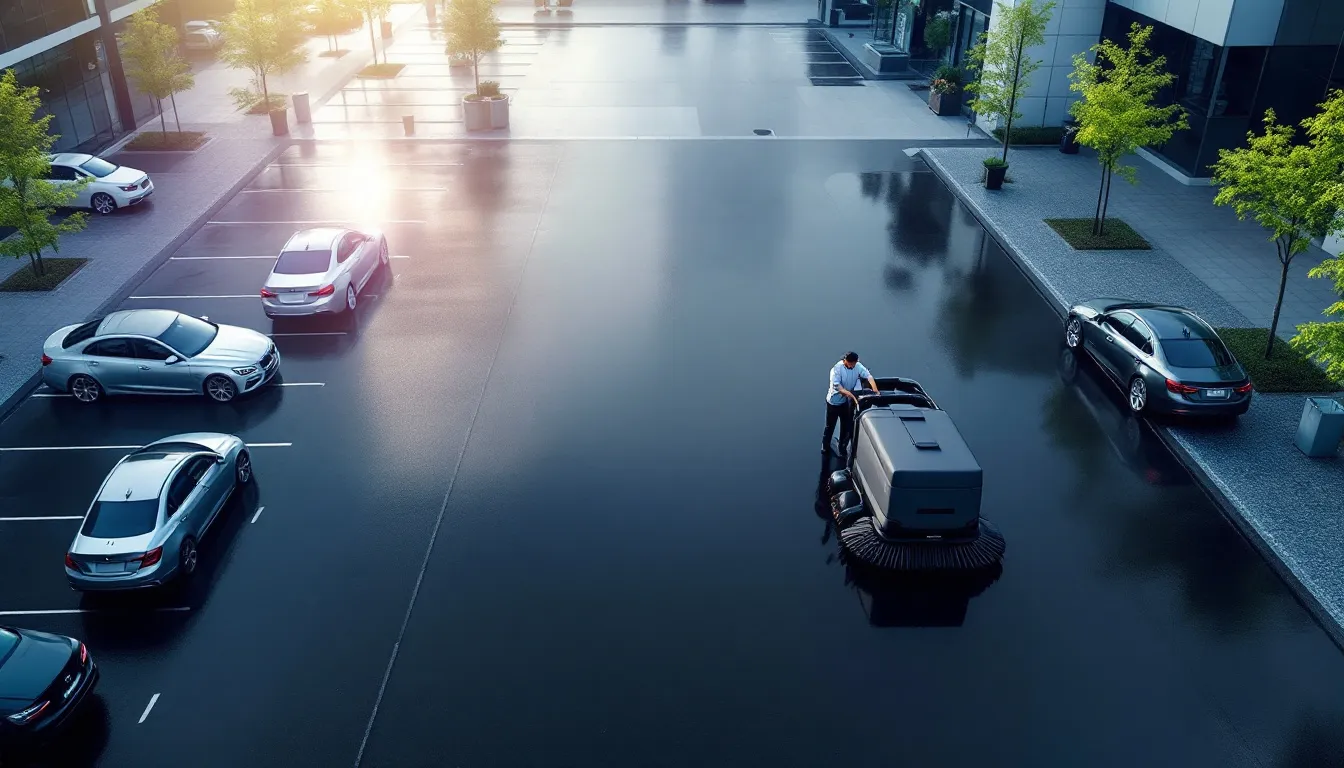 A clean parking lot showcasing the importance of regular parking lot sweeping.