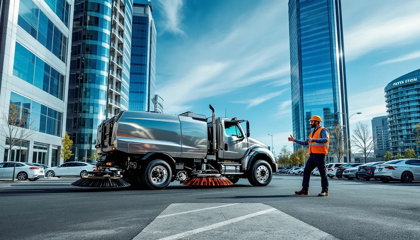 Essential equipment used by parking lot sweepers, including a sweeping truck and tools.