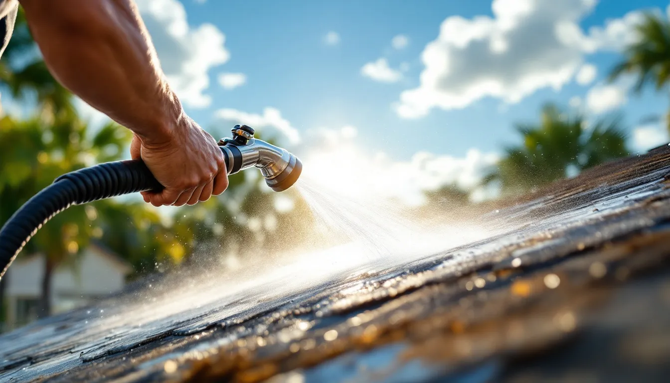 Roof cleaning service in progress on a residential property.